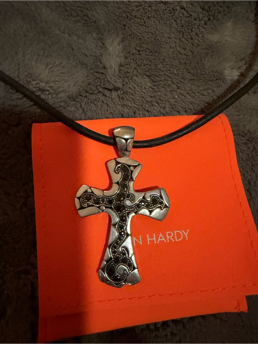 John Hardy Dayak Kali Silver Cross Pendant with Black Saphire on Black leather